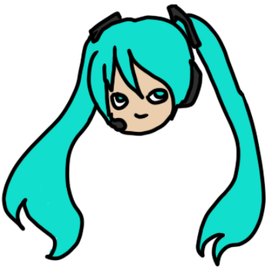 simple drawing of face and hair of official CV01 vocaoid mascot hatsune miku, a teenager with long turquoise hair and headphones with a microphone.